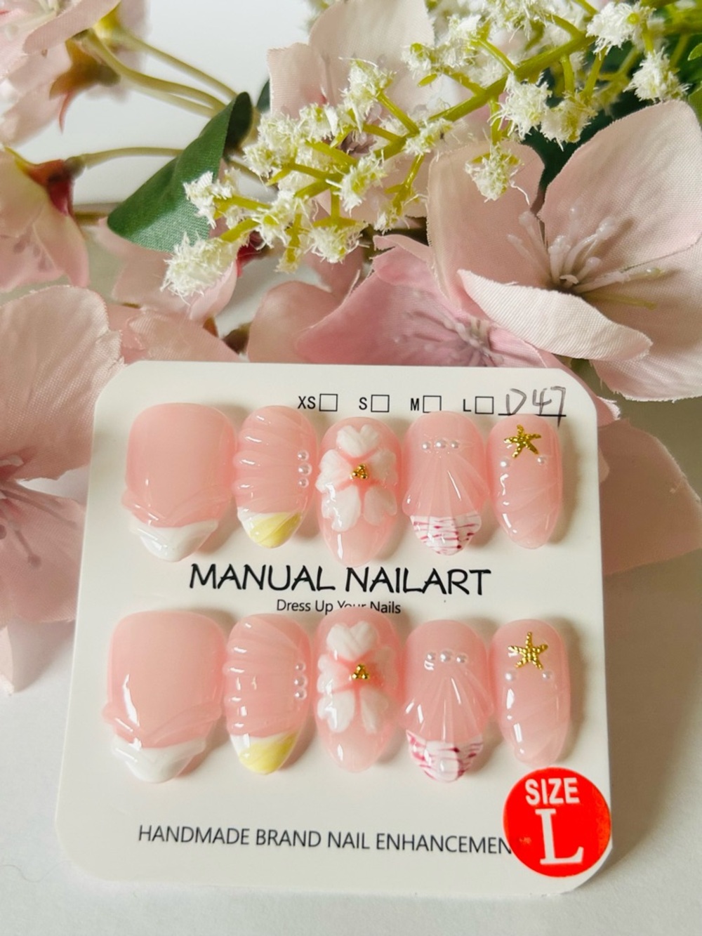 Pink Floral Seashell Press-On Nail Set
